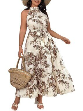 Multi Apricot Plus Size Boho Sleeveless Halter Neck A-Line Long Dress